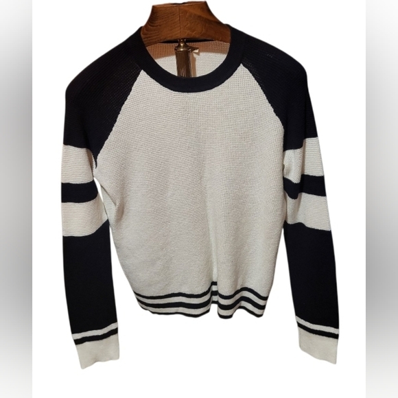 Faherty Throwback Waffle Crewneck Wrigley Sweater Black & White Stripes Size MED - Picture 2 of 8